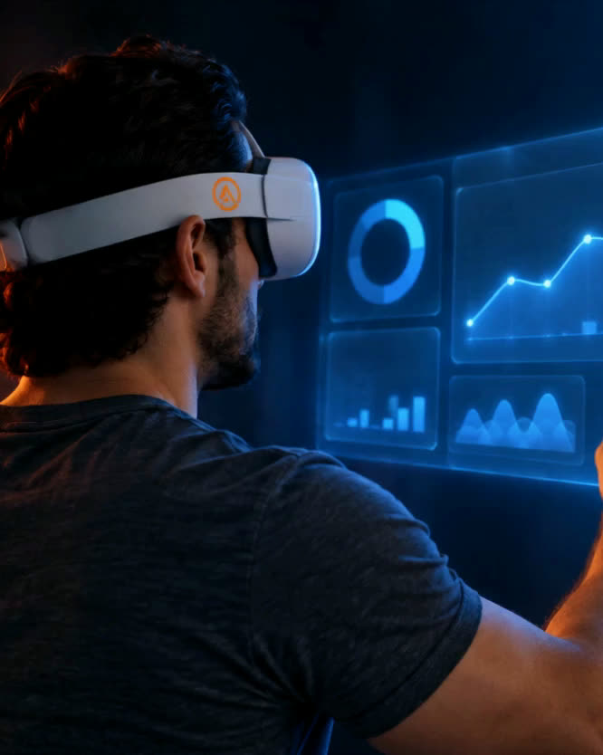 Marlos Barbosa seen from behind in a white headset, a translucent blue dashboard of charts in front of him