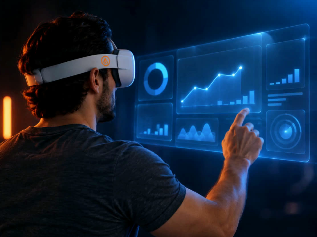 Marlos Barbosa seen from behind in a white headset, a translucent blue dashboard of charts in front of him