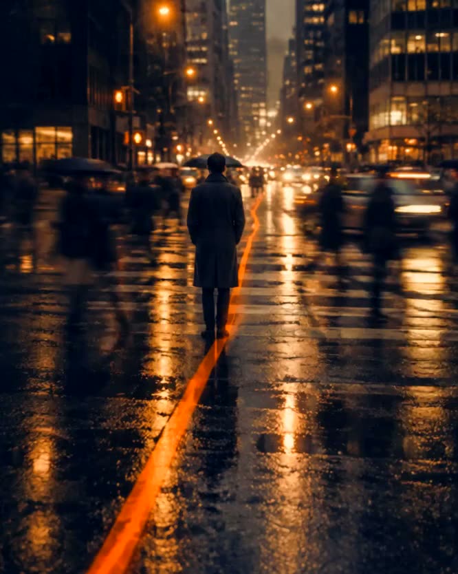 A city street at night in amber light, a figure seen from behind, one orange line marking the route across the intersection
