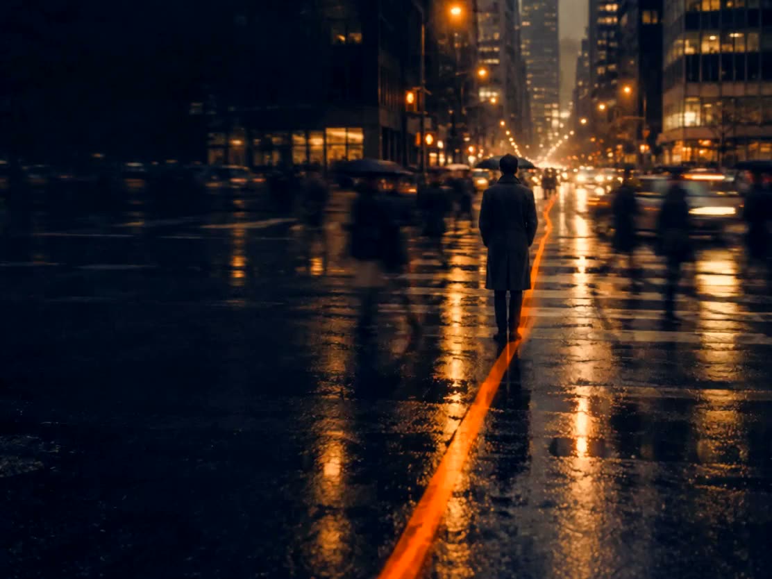 A city street at night in amber light, a figure seen from behind, one orange line marking the route across the intersection