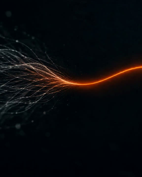 Faint signal lines on a dark field resolving into one glowing orange wave