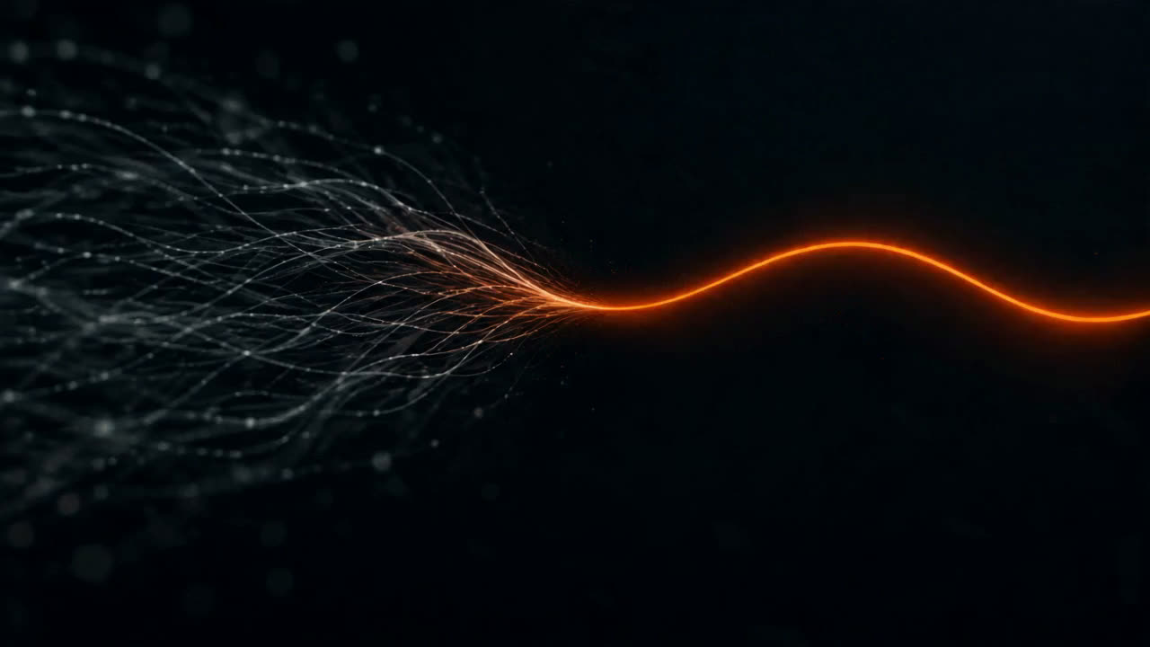 Faint signal lines on a dark field resolving into one glowing orange wave