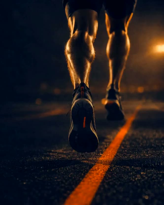 A runner's legs on a dark lane at night, one orange line marking the lane ahead